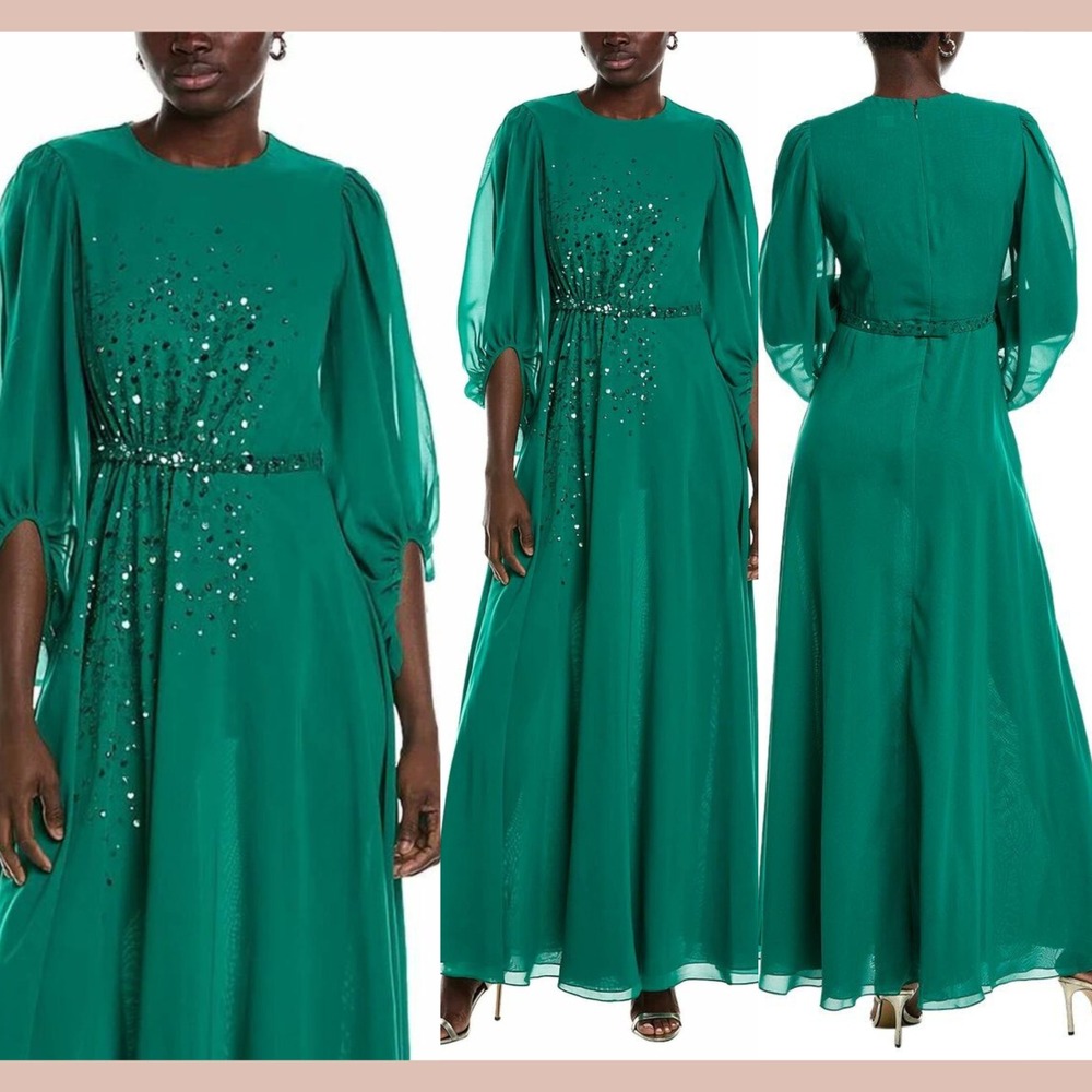NWT $1095 Sachin & Babi [ 12 ] Bianca Sequin 3/4 Sleeve Gown Malachi Green J1952